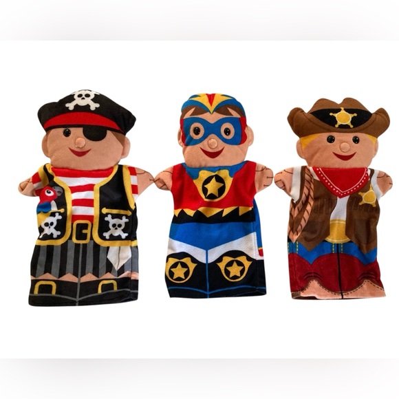 Lot - 3 Melissa & Doug 10.5” Kids Hand Puppets Sheriff Pirate Superhero - Picture 1 of 10